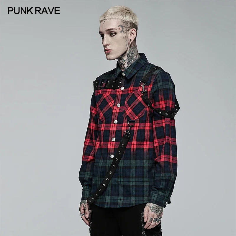 PUNK RAVE Men\'s Punk Red Green Color Long Sleeve Plaid Shirt Leather Loops Personality Simple Profile Casual Shirts Four Seasons