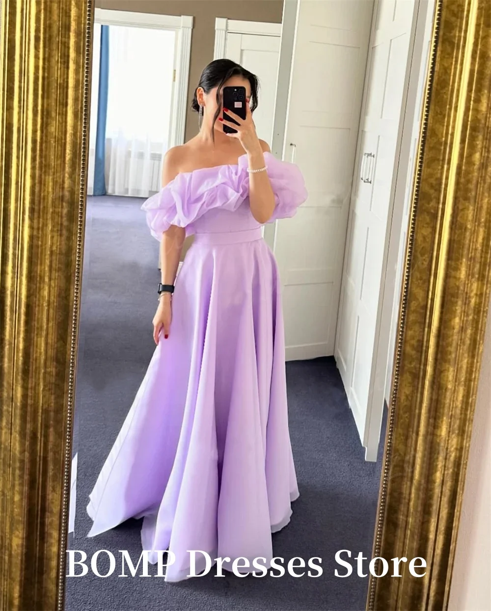 BOMP A-Linie Organza Lila Abendkleid für saudi-arabische Frauen Rüschen Plissee formelle Partykleider Abendkleid für besondere Anlässe