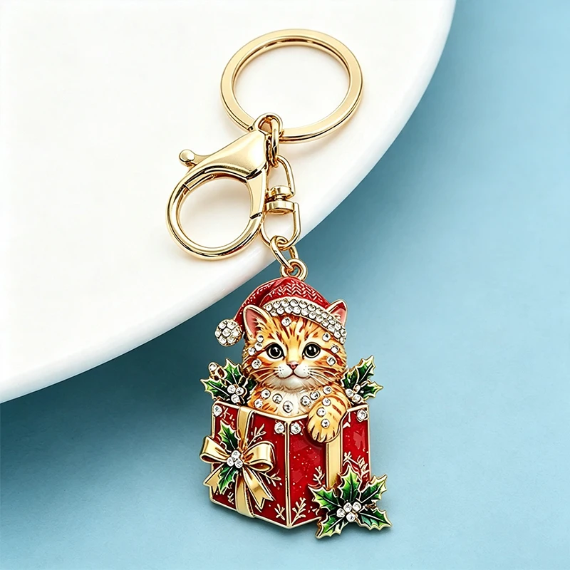Wuli&baby Niedlicher Weihnachts-Geschenkbox-Katzen-Schlüsselanhänger für Damen und Herren, 2-farbig, Neujahrs-Schlüsselanhänger, modischer Schmuck, Geschenke – Detail 6