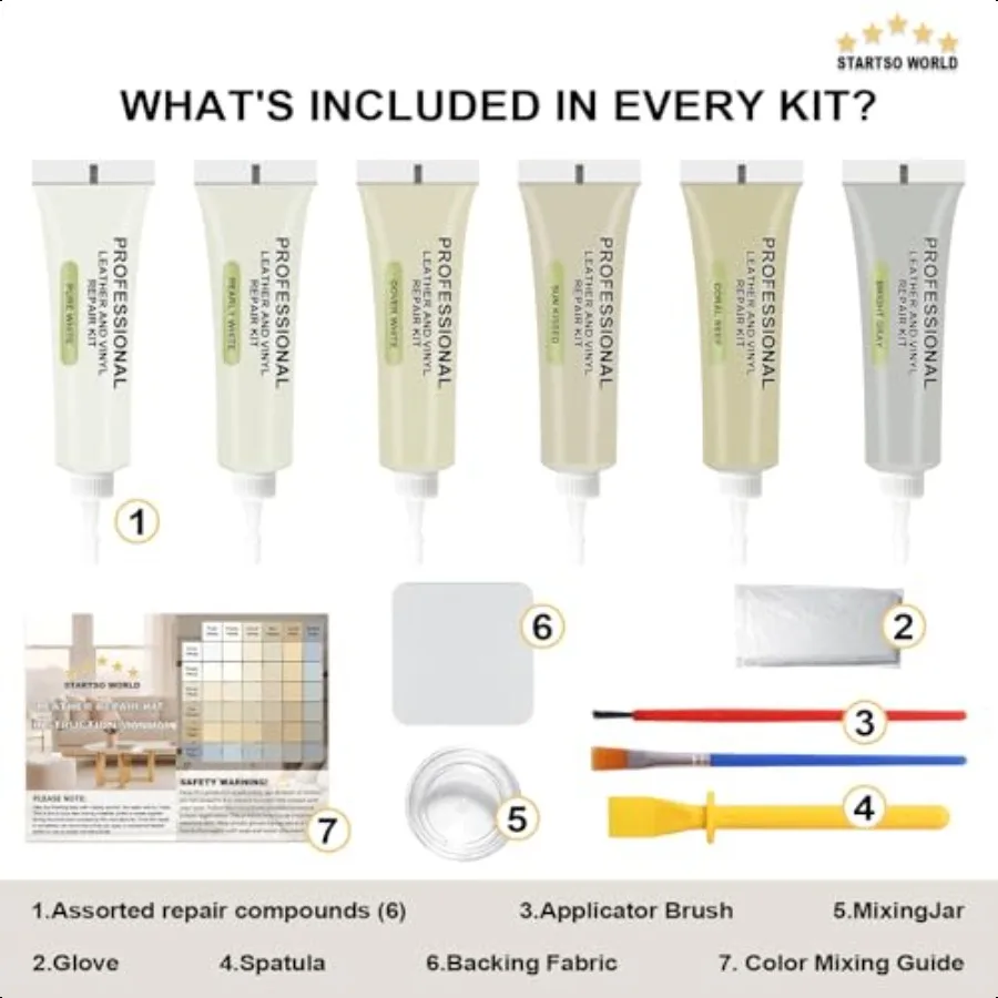 طقم إصلاح الجلد الكريمي للأثاث والجلود والأرائك الداخلية للسيارة وسترة مقعد السيارة وأريكة القارب أو المحفظة يستعيد Fa