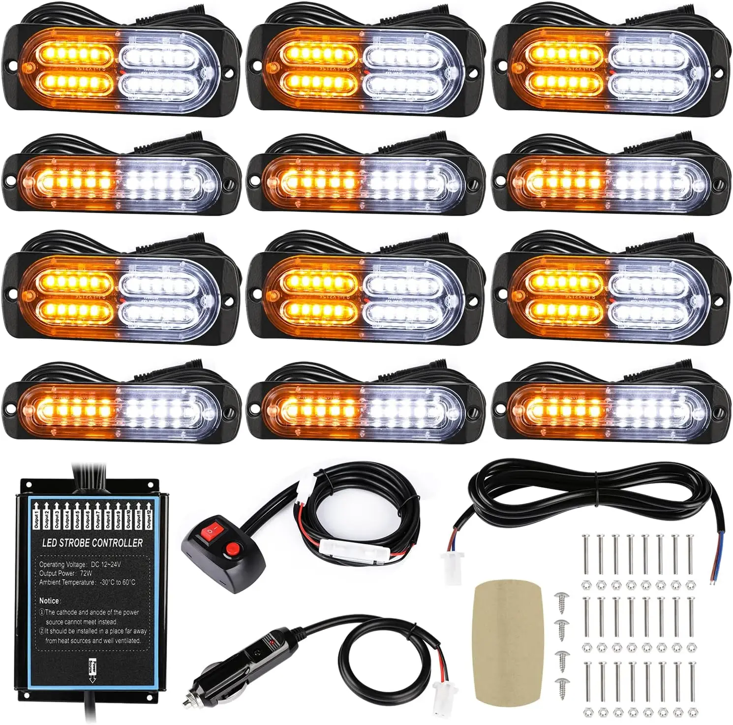 

12pcs Ultra Slim Sync LED Emergency Beacon Flashing Strobe Lights with Waterproof Controller for Car Truck Vehicle, Amber/White
