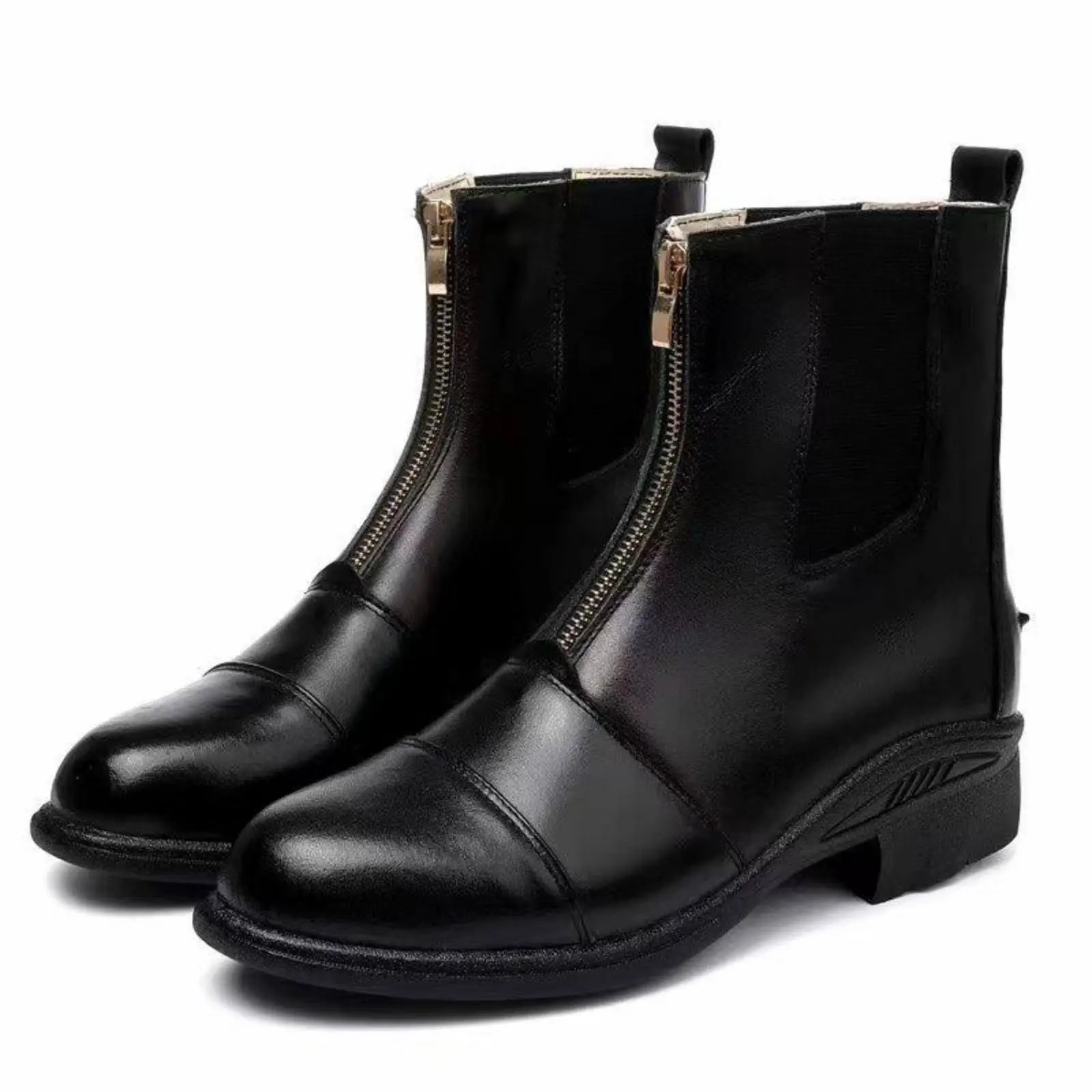 Top Layer Cowhide Riding Boots for Women Short Ankle Shaft Side Zipper Closure Comfortable Low Heel Sturdy Black Outsole Casual