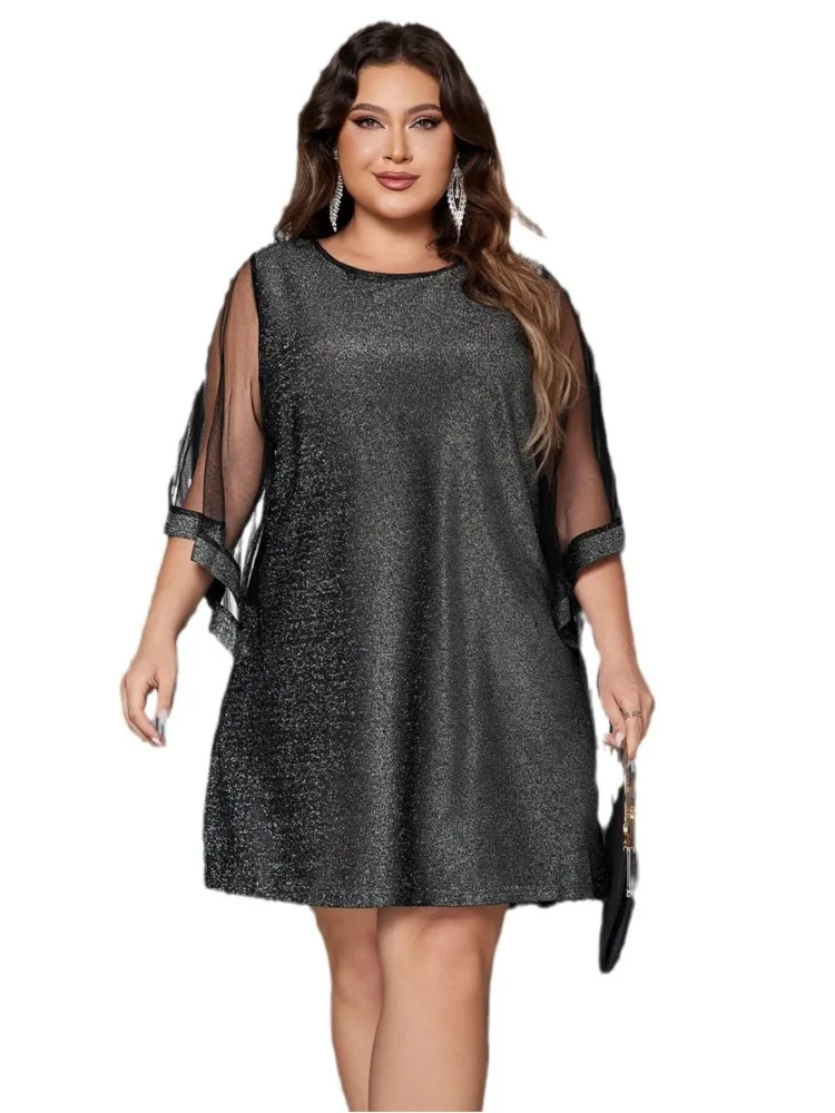 Plus Size Autumn Mini A-Line Dress Women Mesh See Through Patchwork Modis Bling Ladies Dresses Loose Ruffle Pleated Woman Dress