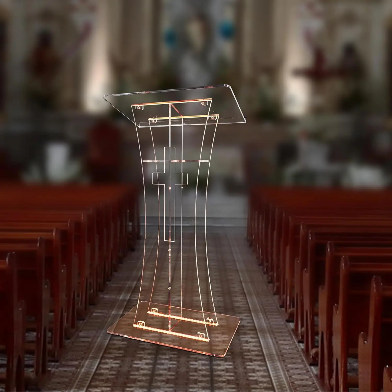

LED Lighted Acrylic Podium with Cross Cutout, Custom Lectern for Church, Hotel Reception, Government Ceremony, Speech Desk Gover