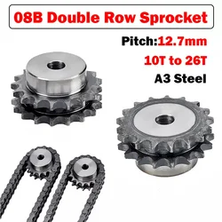 1Pcs 08B-2 Double Row Sprocket 10Teeth to 26Teeth Pitch 12.7mm Diameter 25mm-105mm A3 Steel for 08B-2 #40-2 chain