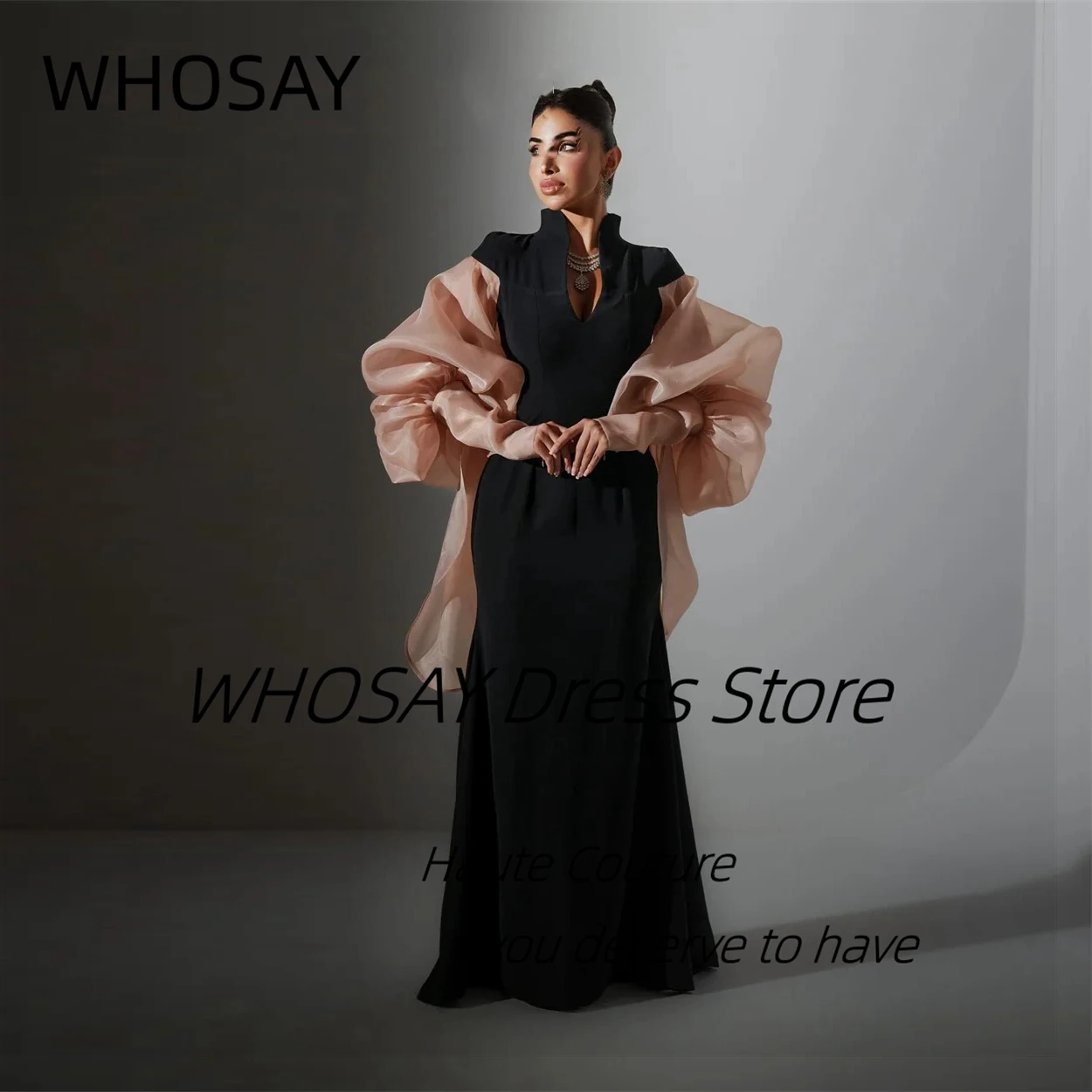 

WHOSAY Customized Black Dress for Special Occasion High Collar V Neck Prom Dresses Saudi Arabia Women Long Sleeves Evening Gowns