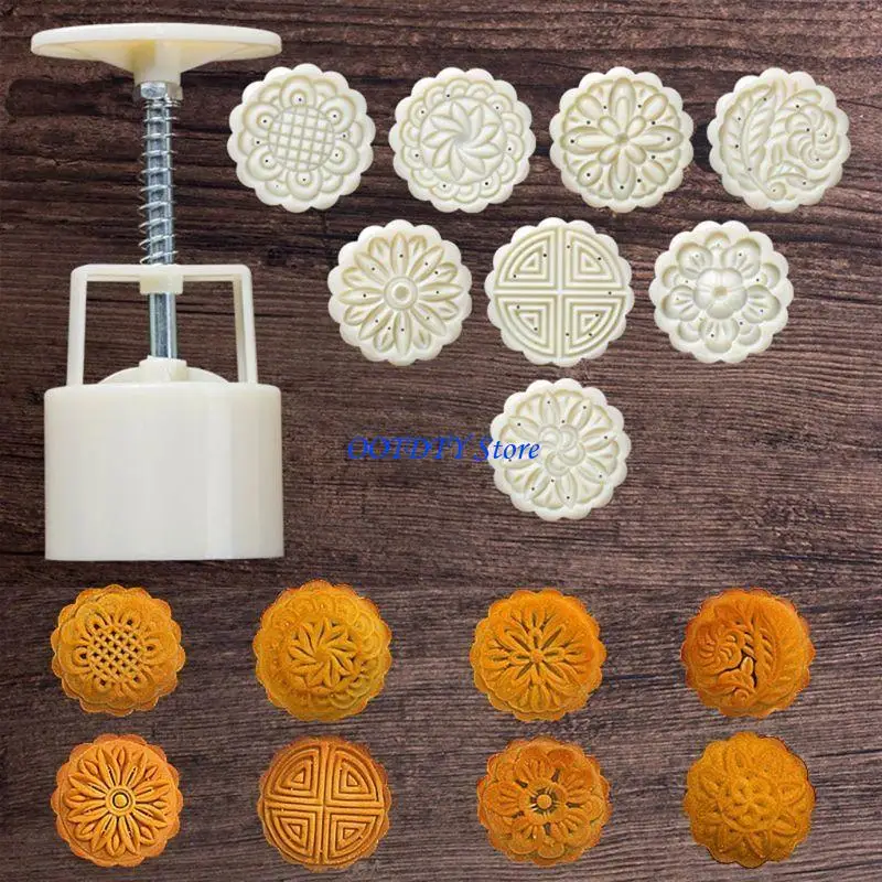 367A 8pcs Hand Press Cookie Stamp Moon Cake Decor Mould Barrel Mooncake Mold 75g Pastry DIY Tool