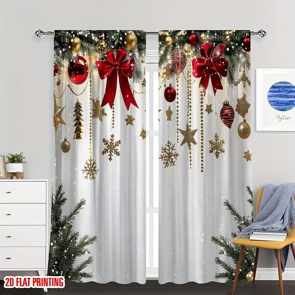 Christmas Bow Curtains 2pcs, Red Golden 2D Flat Print 100% Polyester Blackout Machine Washable for Holiday Decor Photo Booth