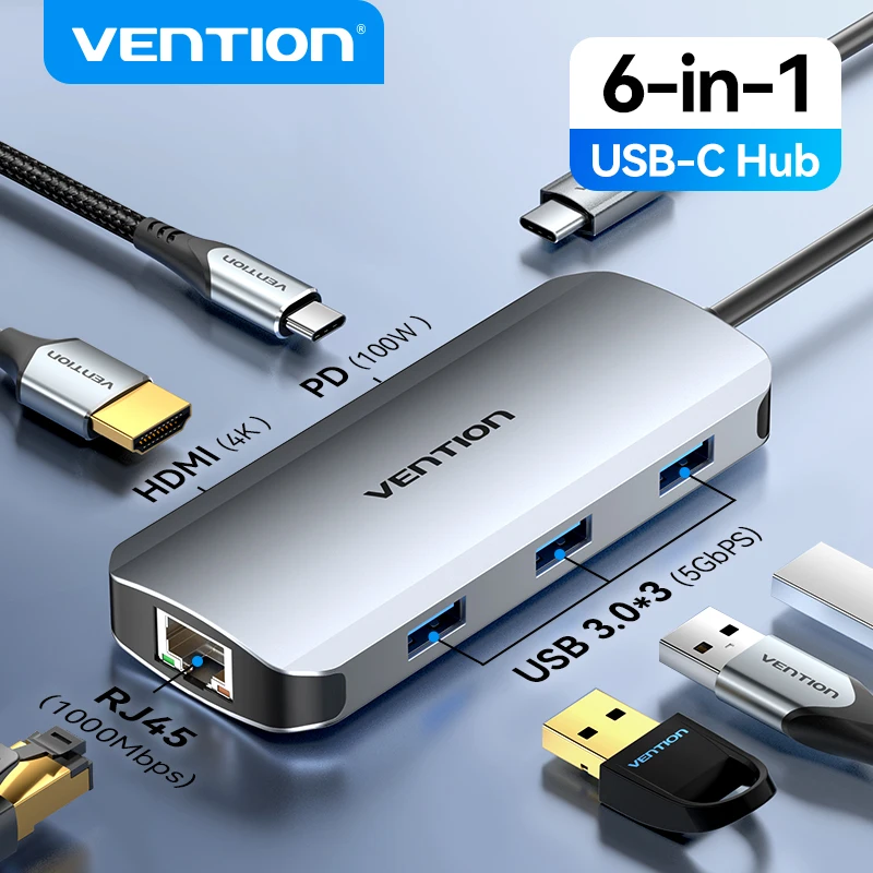 Vention 6-in-1 USB C HUB to HDMI USB3.0 RJ45 PD100W USB Splitter for Laptop Macbook Pro Air iPad Phone Android Docking Station