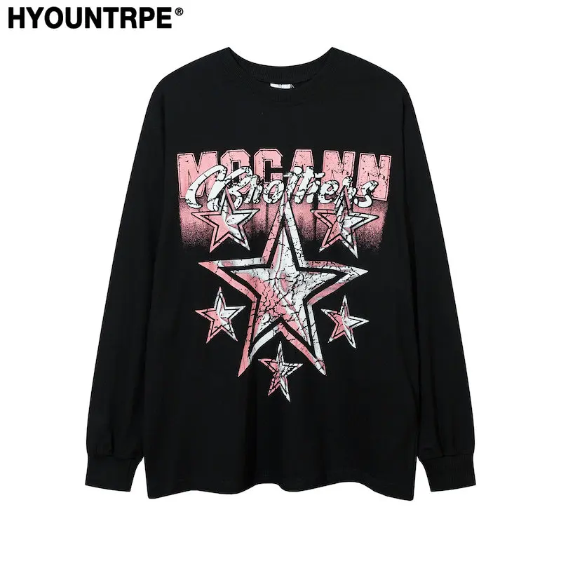 Fashion Crack Stars Graphic Printed T Shirts Harajuku Unisex Hip Hop Streetwear Y2k Tshirts Men Loose Long Sleeve T-shirt Tops