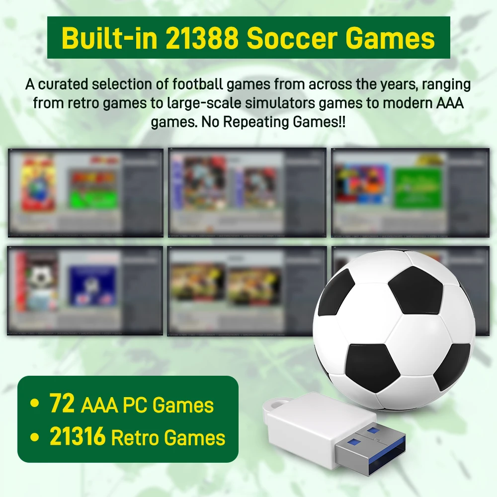 256G Soccer Game Drive with 21388 Select Soccer Games for Win PC/Laptop/Handheld Game Console Emulator for PS3/PS2/PSP/WIIU/MAME
