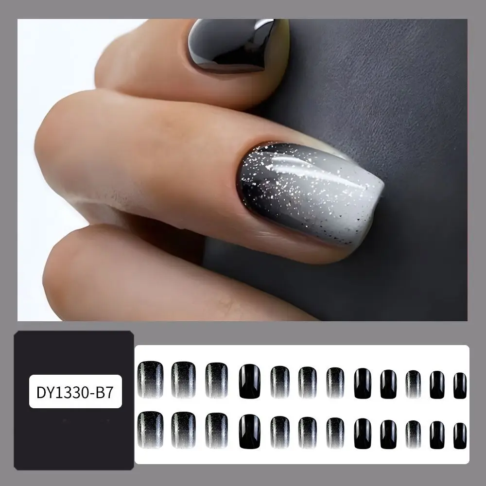 New Long Ballerina and Square False Nails Glitter Cat Eye Black White Fake Nails Full Cover Detachable Nail Tips Women Girls