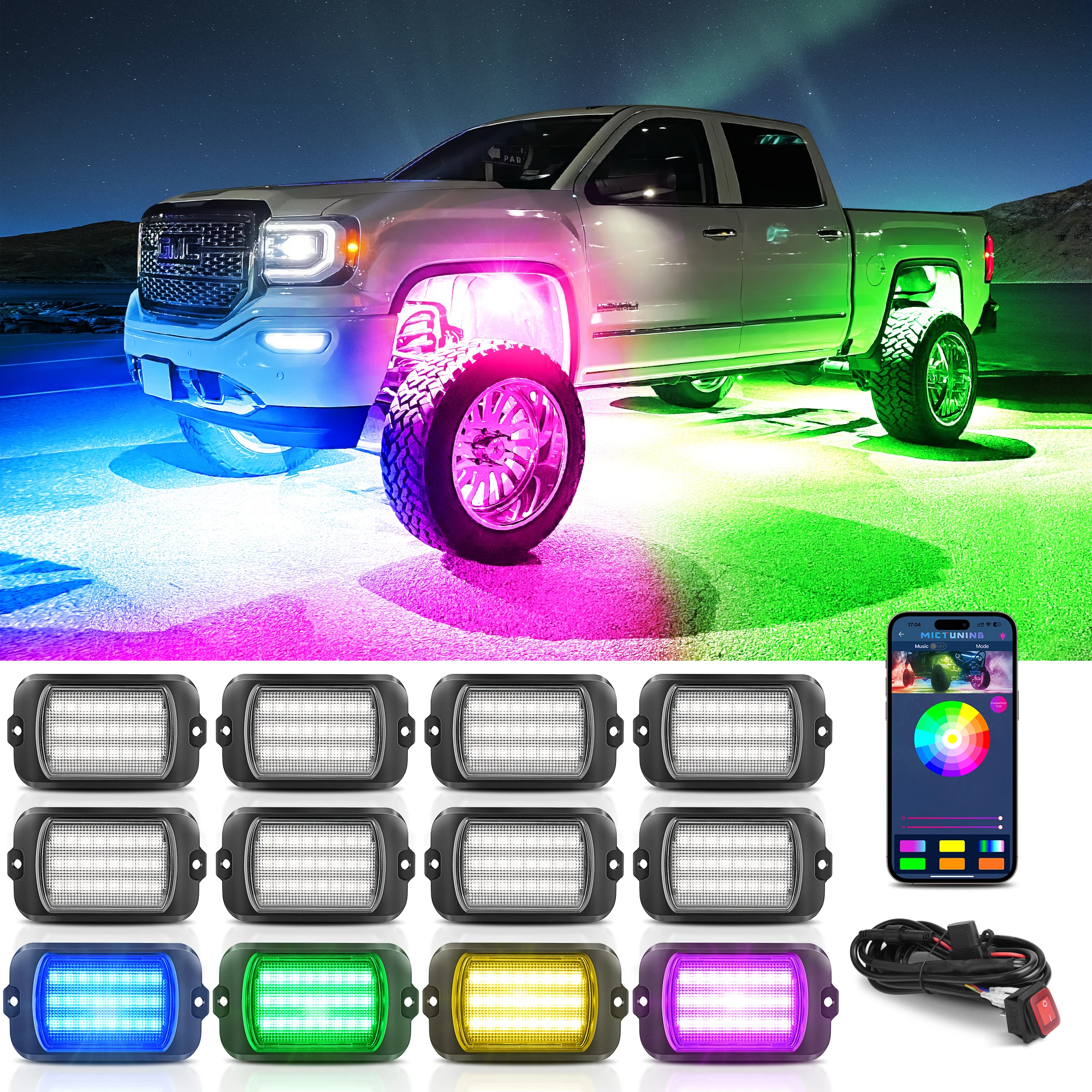 

MICTUNING Q1 RGBIC Rock Lights Kit, 12 Pods Multi-Color Chasing Off-Road Lighting, Ultra-Bright 24-LEDs, Music Sync APP Control