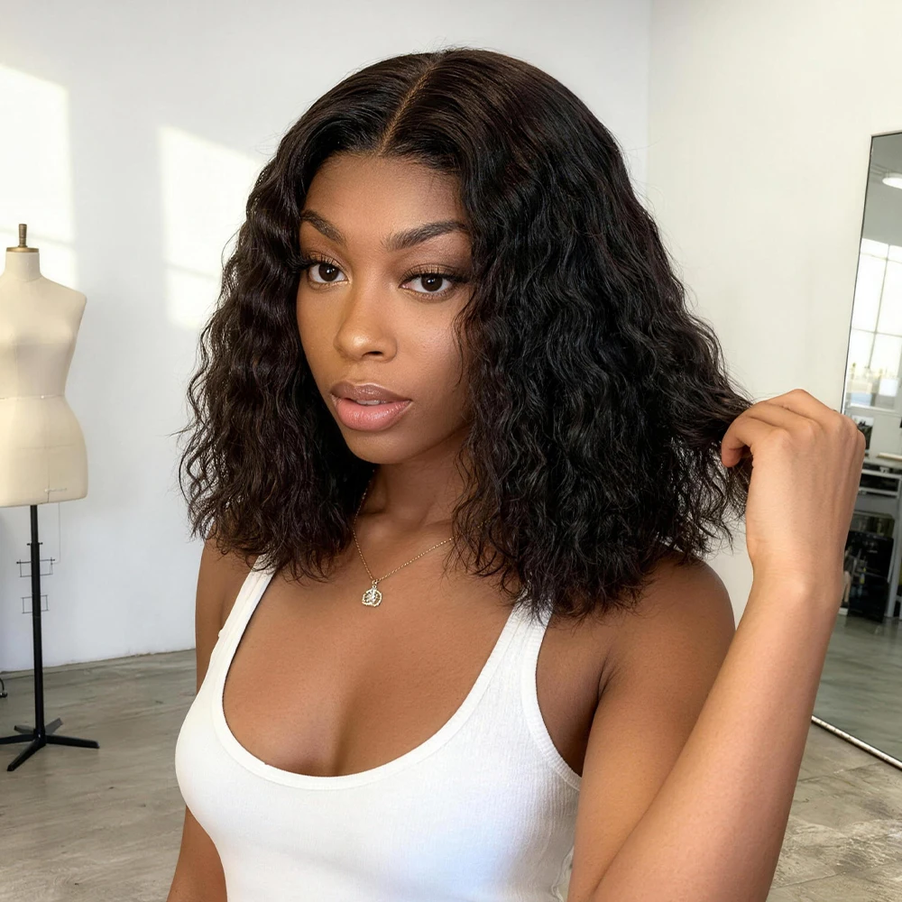 

100% Human Hair Glueless Deep Wave Short Bob Curly 13x6 HD Lace Frontal Wig Wear and Go 13x4 7x5 Pre Cut Lace Wig Pre Plucked For Black Women