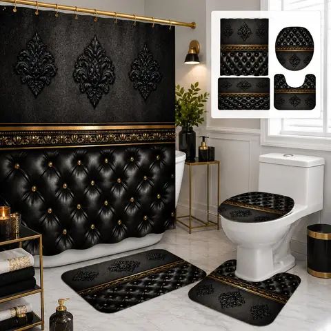 2D Flat, 2D Flat 4pcs Baroque Elegance Shower Curtain Set, Black and Golden Ornate Pattern Bathroom Decor, Accessories with Bath Mat, U - Shaped Mat, Toilet Lid Cover, Shower Curtain Includes Hooks, Luxury Home Aesthetic, Home Decor