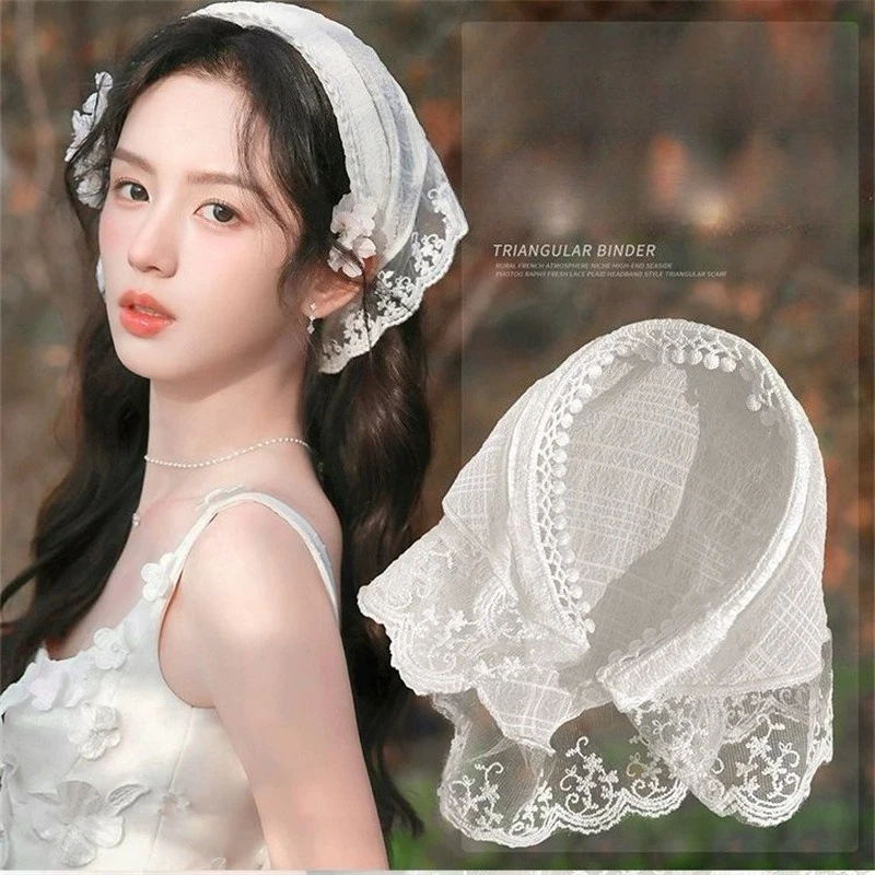 

Новая винтажная французская кружевная треугольная повязка на голову с чёлкой, бежевый тюрбан для женщин, аксессуар для волос в стиле бохо-шик для вечеринок в саду