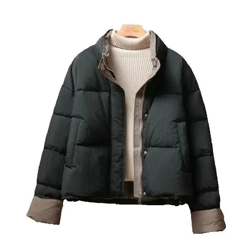 2025 inverno novo curto para baixo jaqueta de algodão para as mulheres minimalista deslocamento cor contrastante gola design casaco feminino parkas