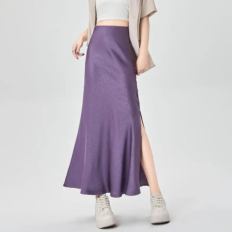 

Satin Slit Fishtail Skirt for Women Spring Autumn Slim Elegant A-line Midi Skirt Korean Fashion Female Y2k Clothing Vintage