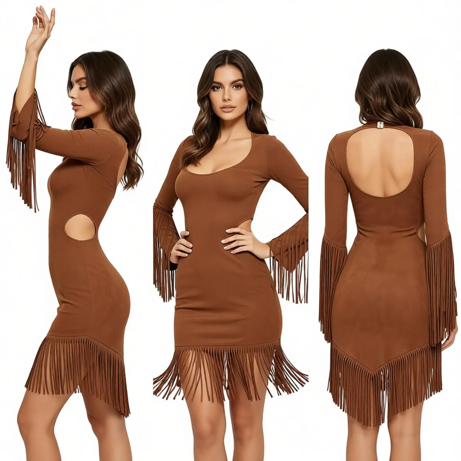 

Women Primitive Native Cosplay Fringed Dress Halloween Cosplay Costume Cutout Long Sleeve Brocade Tassel Irregular Hem Dress