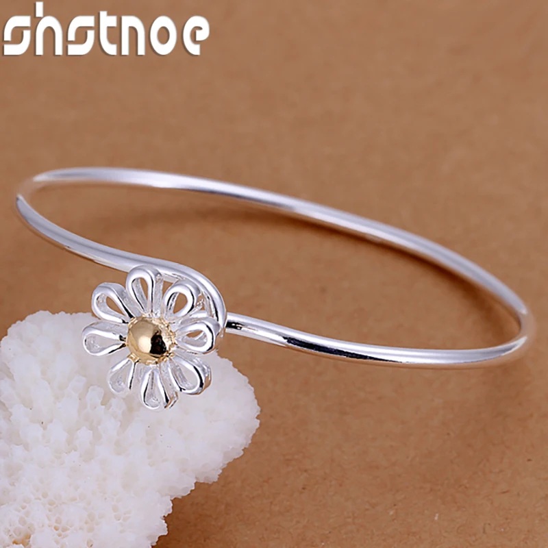 Pretty 925 Sterling Silver Daisy Flower Open Bangle Adjustable For Women Fine Cute Jewelry Accessories Birthday Christmas Party