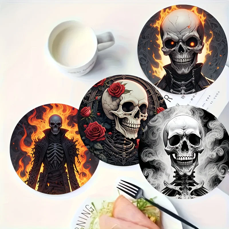 2D Retro Skeleton Pattern 10CM Wooden Coaster Sliding Desktop Protection for Restaurants Bars Coffee Shops Offices Home Decor