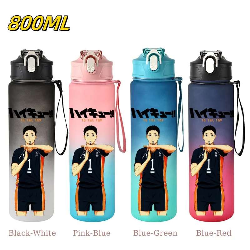 Botella de agua deportiva de gran capacidad Haikyuu de 800ML con pajita, vaso de plástico colorido a prueba de fugas para gimnasio, deportes al aire libre, Camping