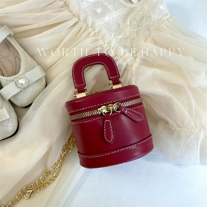 Mini Burgundy Children\'s Bucket Bag 2024 New Women\'s Exquisite Compact Chain Crossbody Bags Fashionable Banquet Party Handbag