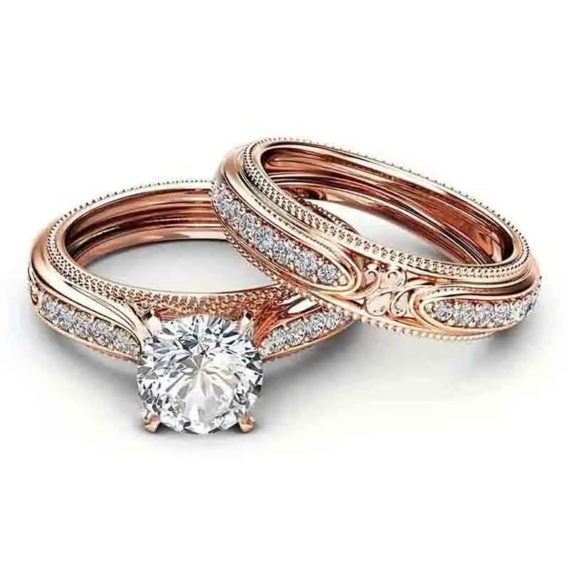 Huitan Edle Frauen Set Ringe Rose Gold Farbe Temperament Elegante Dame Zubehör Hochzeitstag Party Luxus CZ Schmuck