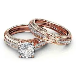 Huitan Noble Women Set Rings Rose Gold Color Temperament Elegant Lady Accessories Wedding Anniversary Party Luxury CZ Jewelry