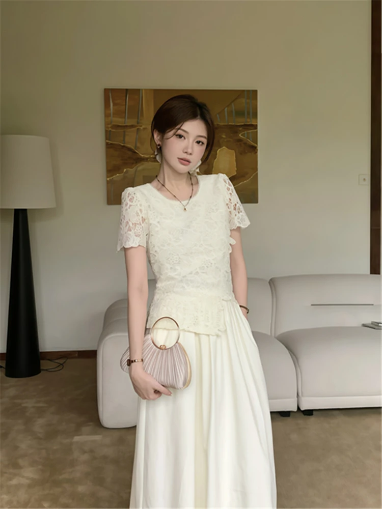 

Slimming Lace irt Women's Knitted Top French Sle round Ne ort Sve Cheese Art Lire Summer New Arrival Faion Sensa...