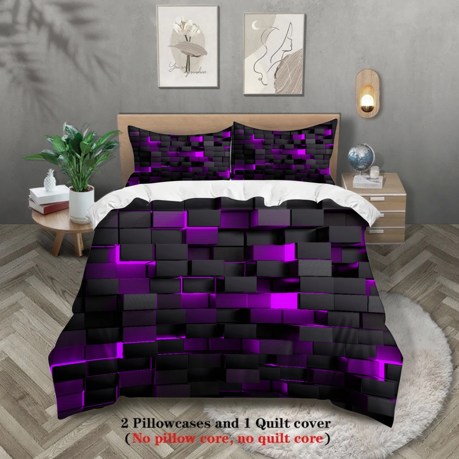 3PCS Duvet Cover Set Purple Grid 3D Visual Geometry Art Printed Duvet Cover With Pillowcases Single Twin Queen Size Bedding Set