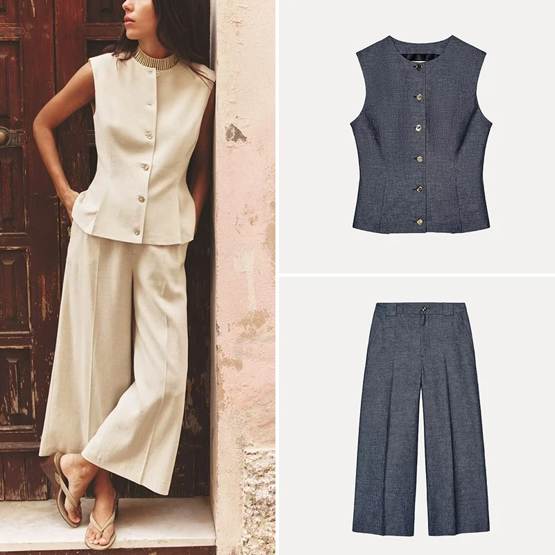 

Summer New Sle Women's Folded Vest High Waist Wide Leg Pants Two-Piece Set Faionable Polyester Fiber Long Pants