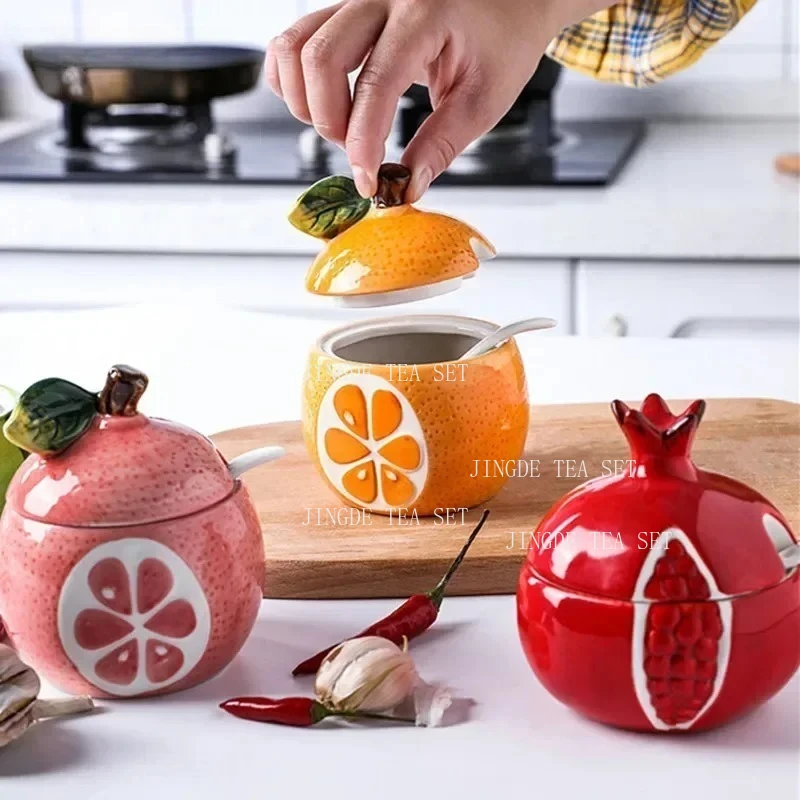 Creative Ceramic Seasoning Jar Bottle Kitchen Decoration Racks Fruit Melon Shape Spices Storage Tank Sugar Bowl with Lid &Spoon