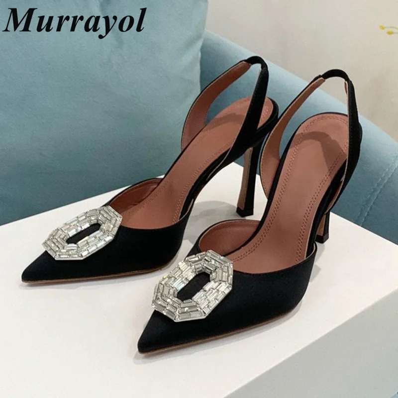 

Silk Satin Shiny Rhinestone Decor Back Strap Sandals Women Pointed Toe Thin High Heel Sandals Summer Sexy Dress Shoes Pumps