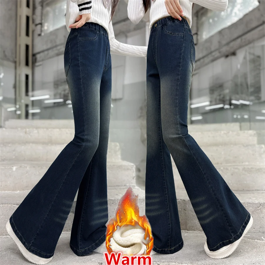 

New Winter Kids Bootcut Acid Wash Jeans with Fleece Lined for Girls Fashion Thermal Flare Jeans Trousers Child Warm Denim Pants