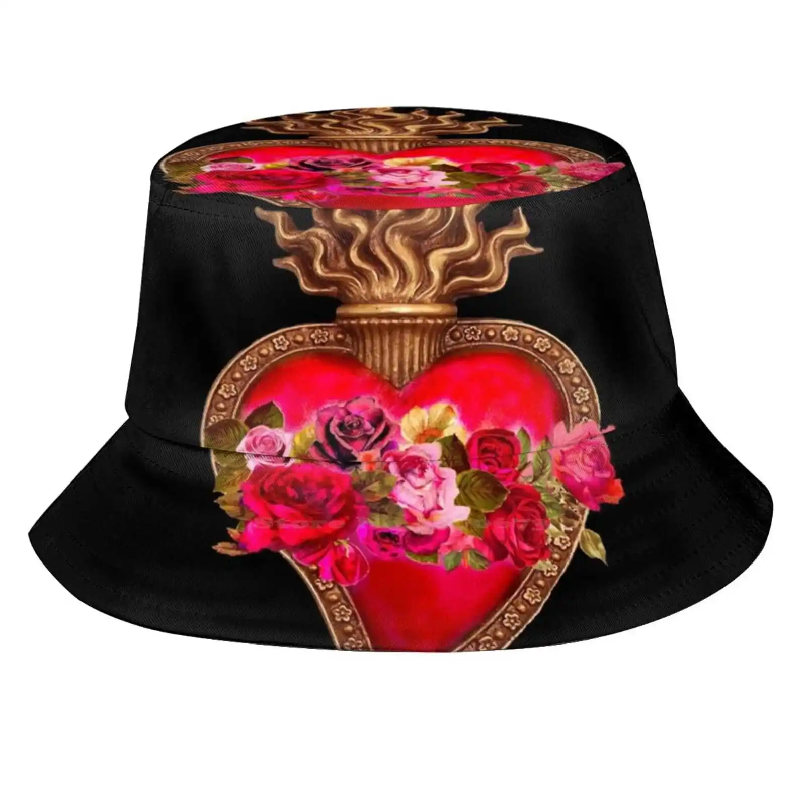 Red Immaculate Heart - Sacred Heart Causal Cap Buckets Hat Immaculate Heart Heart Milagro Corazon Catholic Art Red Flaming Heart