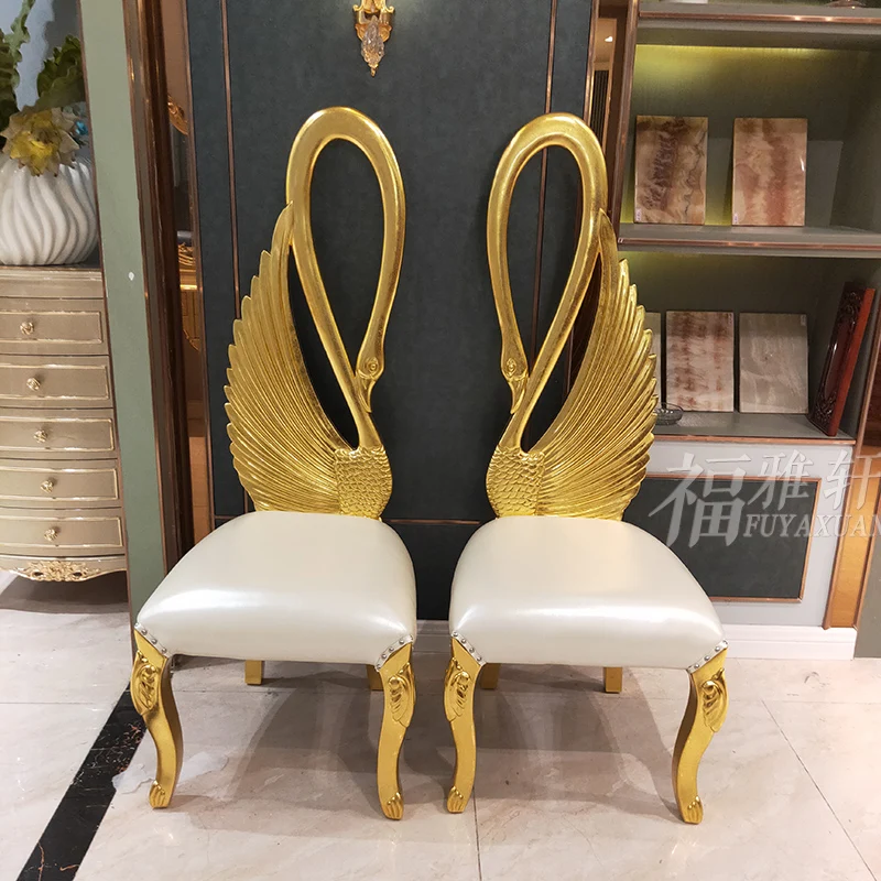 

European swan chair, all solid wood double-sided engraved gold foil image chair, casual leather chair high-end quality furniture
