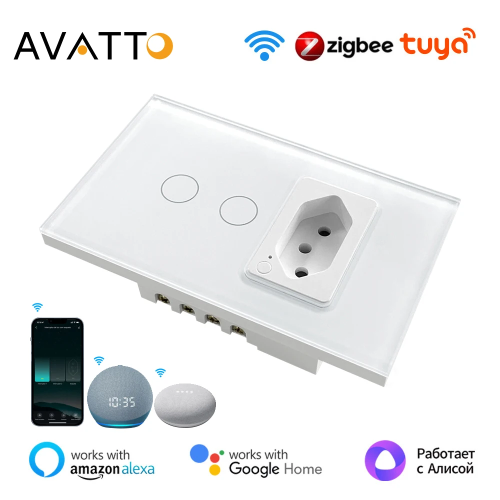 AVATTO Tuya ZigBee Wall Switch & Socket，Brazil Standard 4X2 Glass Panel 1/2 Buttons Smart Light Switch For Alexa Google Home