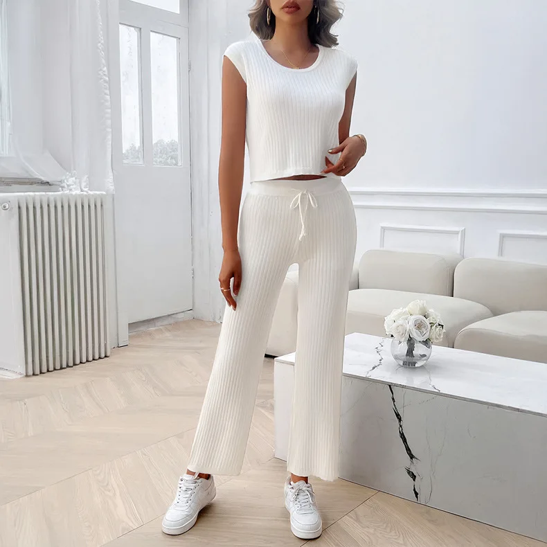 2024 Spring and Summer Women's Solid Color Round Neck Sleeveless 9-Point Pants Slim Sweater Suit Костюм Женский Летний