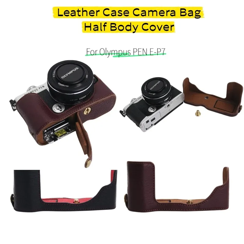 Genuine Leather Case Camera Bag for Olympus PEN E-P7 EP7 Half Body Cover Protective Shell with Battery Opening Accessories
