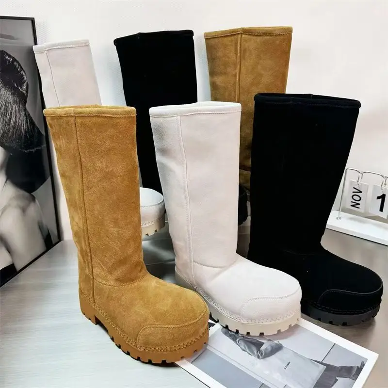 Bottes de neige à grande tête pour femmes, Design de marque, semelle épaisse, plateforme, bottes courtes chaudes, en coton, en cuir et fourrure, longues, grandes tailles