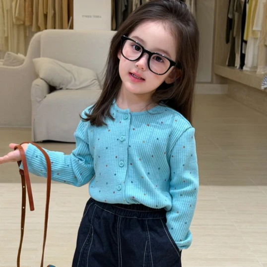 Girls' Blouse 2026 Autumn and Winter New Children's Clothing Korean Style Girl Baby Fresh Color Point Long Sleeve Cardigan
