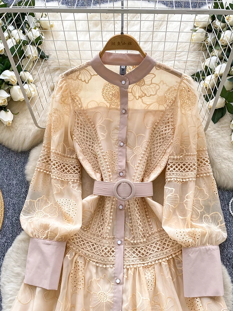 春秋フレンチレトロパーティー長袖ミニドレス女性の刺繍レースシングルブレストウエスト誕生日ドレス S125