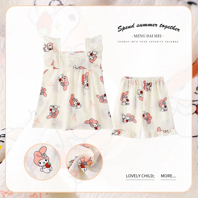 Sanrios My Melody Cinnamoroll Kuromi Summer Thin Girls Pajamas Set Anime Kawaii Modal Suspenders Home Service Two-Piece Suit New