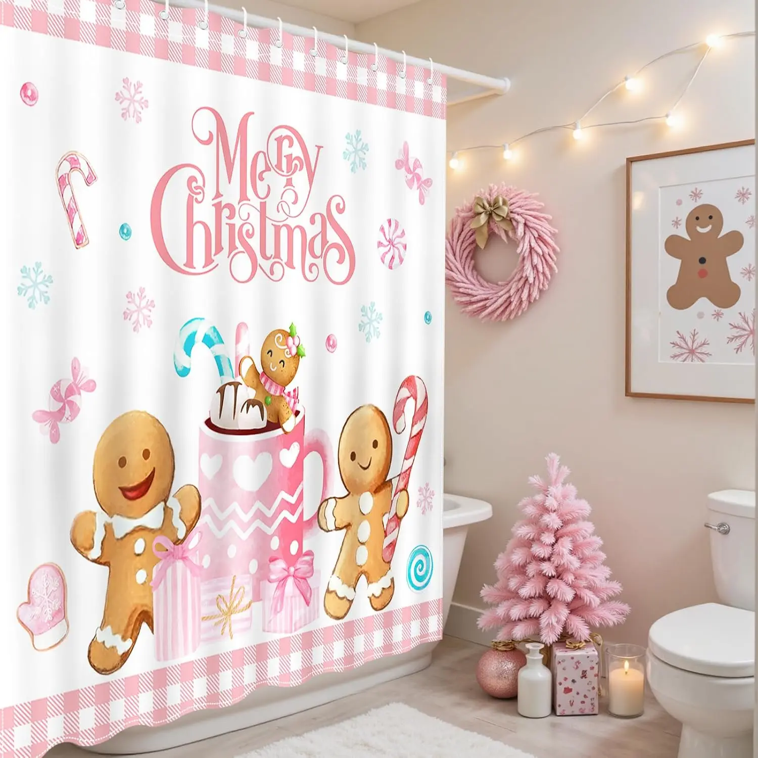 Merry Christmas Shower Curtain Pink Checked Cute Gingerbread-Man Shower Curtain with 12 Hooks Winter Snowflake Xmas Candy Bath