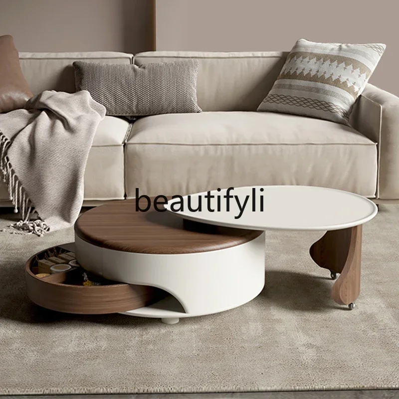 طاولة قهوة حديثة وبسيطة بلون الجوز، طاولة شاي متوسطة وعتيقة قابلة للسحب مع أدراج وطاولة ذات حافة مستديرة