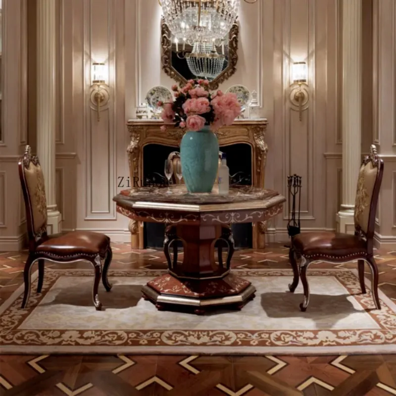 Luxury French dining table octagonal inlaid wood grain dining table gilded royal court design villa hotel furniture