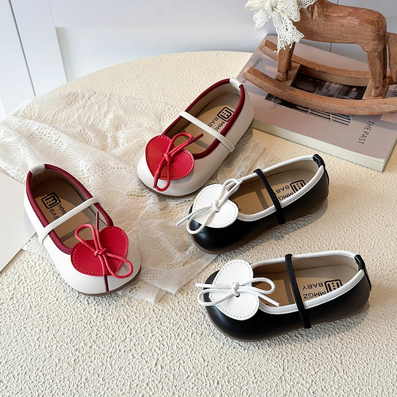 Spring Toddler Girls Heart Mary Jane Shoes Bow-adorned Kids Dress Shoes Elastic Band Flexiable Sole Adorable Children Flats