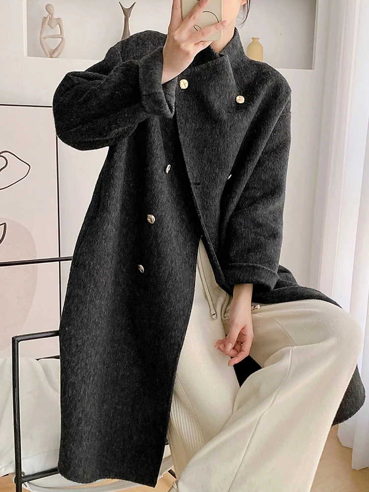 GALCAUR Solid Casual Wool Coats For Women Lapel Long Sleeve Patchwork Metal Buttons Fashion Maxi Jackets Female Autumn Clothing