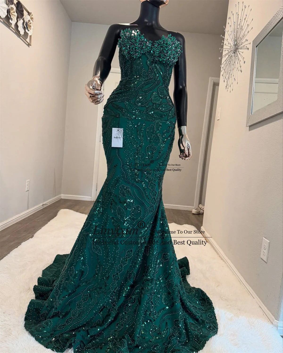 キラキラ輝くスパンコールとラインストーンのプロムドレス、カスタマイズされたマーメイドウェディングパーティガウン、黒人女性向けセクシーなアソエビ、イブニングローブ・ド・ソワレ